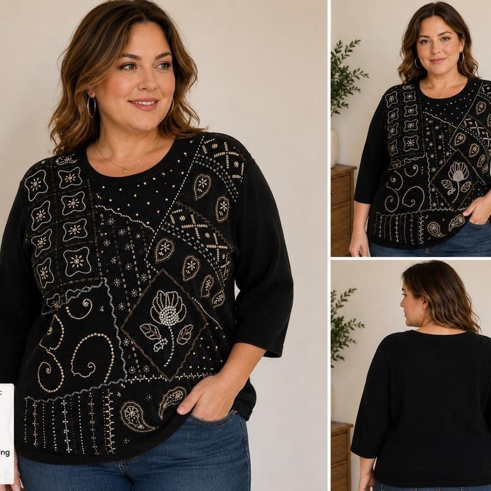 VTG 80's 90's VICTORIA JONES WOMAN EMBELLISHED SWEATER HOLIDAY GOLD BEADED - XL